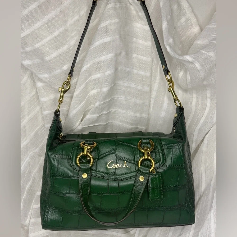 Coach Ashley Green Croc Embossed Shoulder / Handbag / Convertible Satchel • EUC - Picture 2 of 13